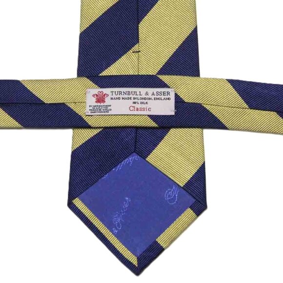 Turnbull and Asser Handmade English Silk Repp Stripe Tie Gold Navy Blue Men's - Picture 2 of 2